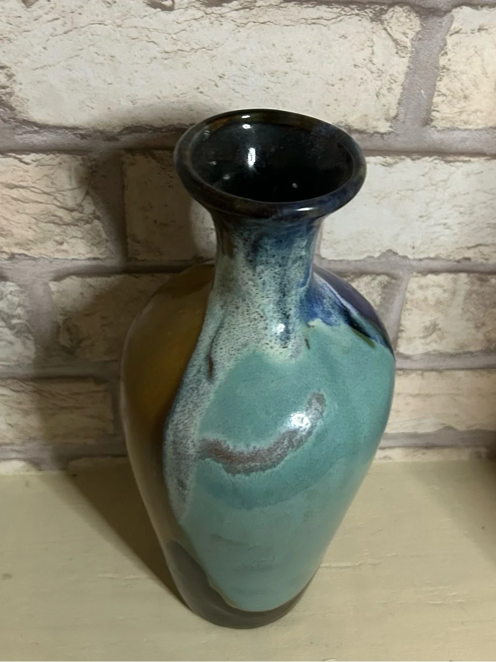 Vintage Handcrafted Glazed Ceramic Vase in Blue and Teal and Brown Vase